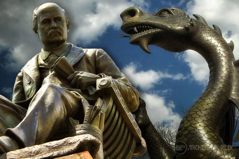 Statua di Anthony Joseph Drexel e la statua del drago simbolo dei Drexel